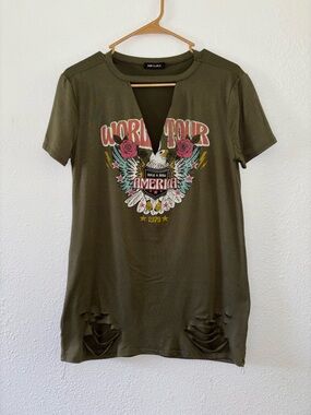 Ruby & Lace Distressed Olive Green ‘World Tour’ Graphic Tunic Tee